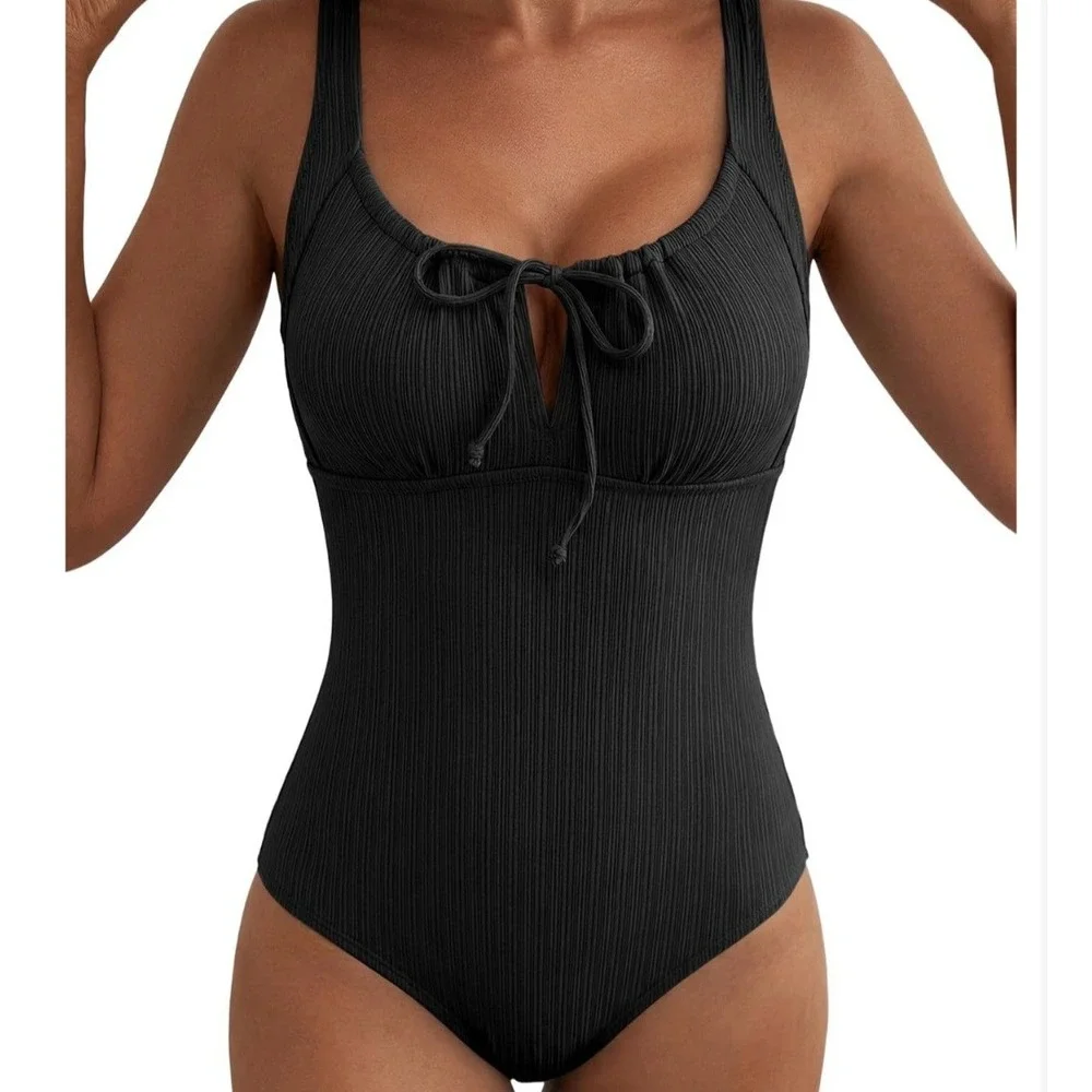Black‎ Ribbed Tie Front Keyhole One Piece Swimsuit Womens Large